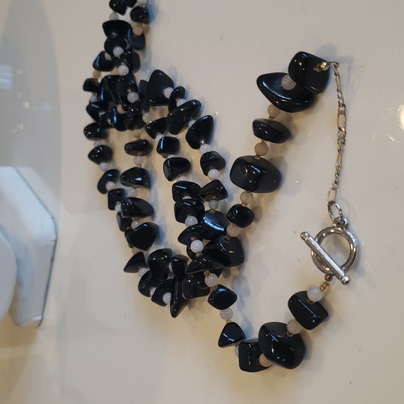 STERLING SILVER QUARTZ ONYX LAYERING STACK NECKLACE LONG - Picture 6 of 6